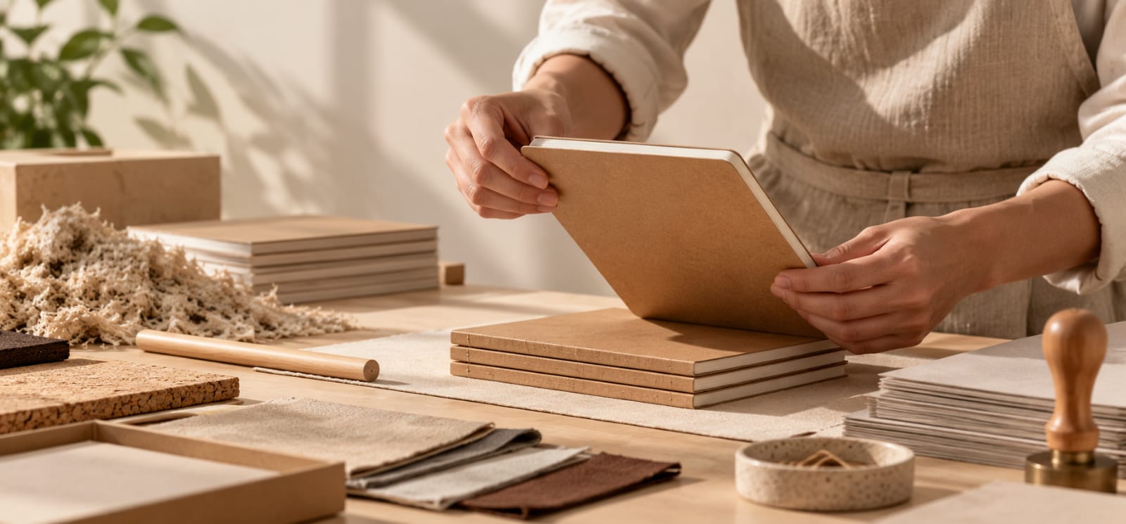 hands binding recycled paper notebooks